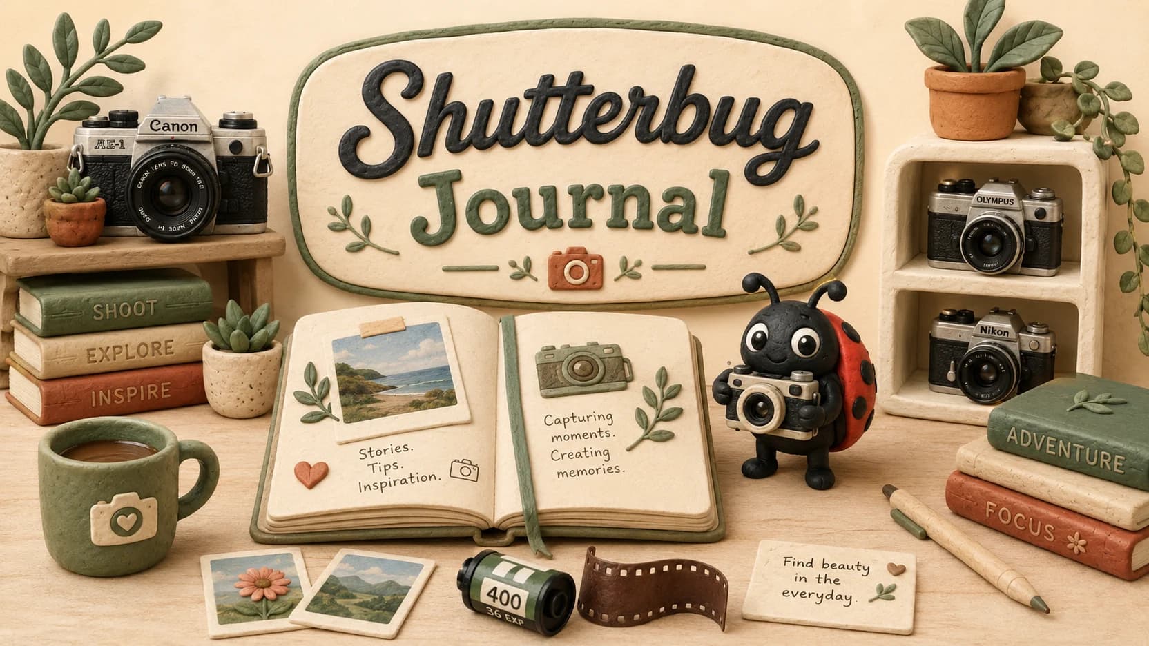 The Shutterbug Journal with cameras, photography books, film, and the Shutterbug mascot