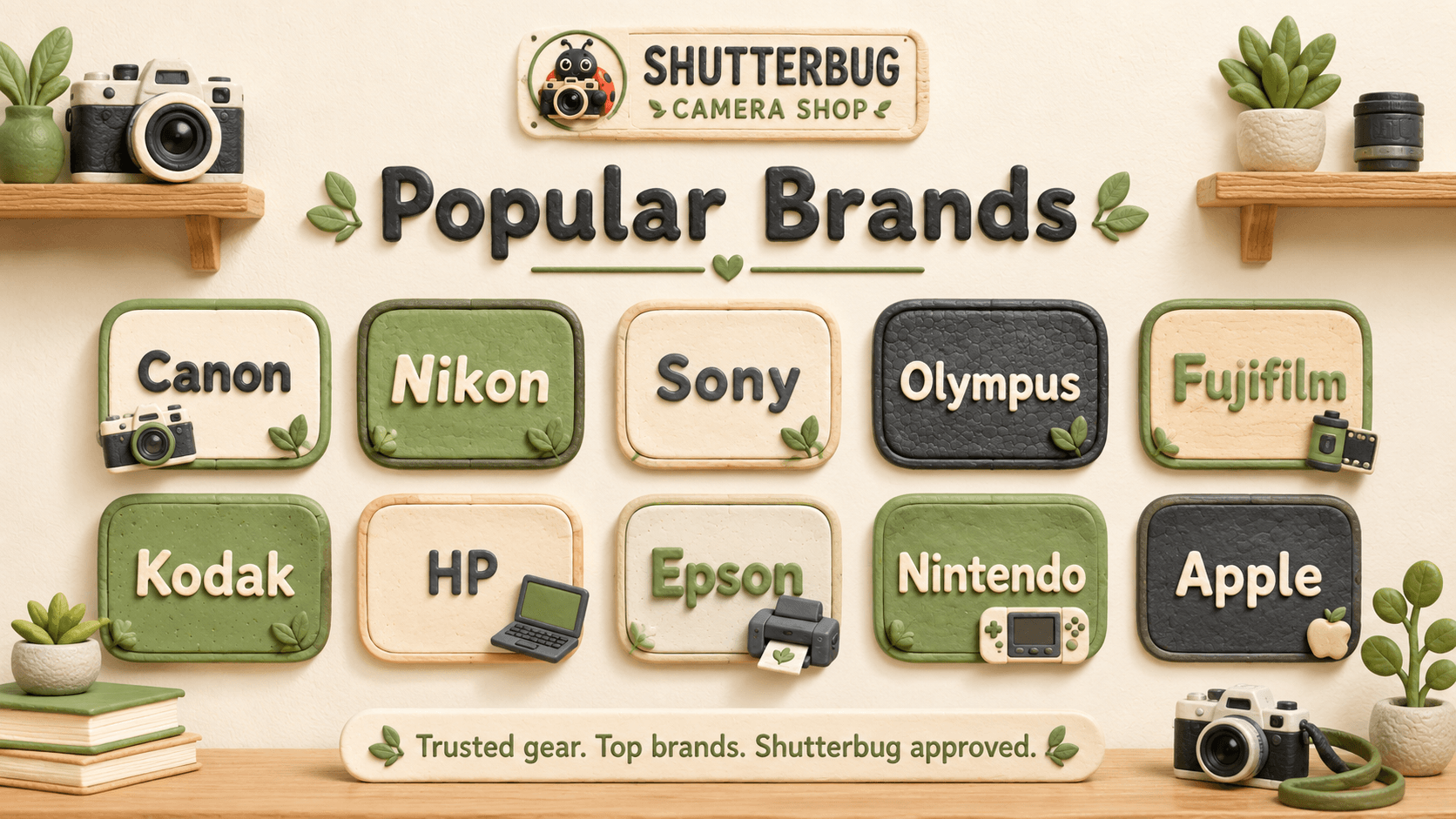 Popular Shutterbug Camera Shop brands including Canon, Nikon, Sony, Olympus, Fujifilm, Kodak, HP, Epson, Nintendo, and Apple