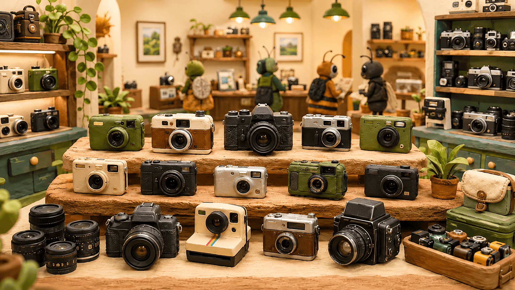 Shutterbug shelf display of cameras, lenses, bags, and accessories