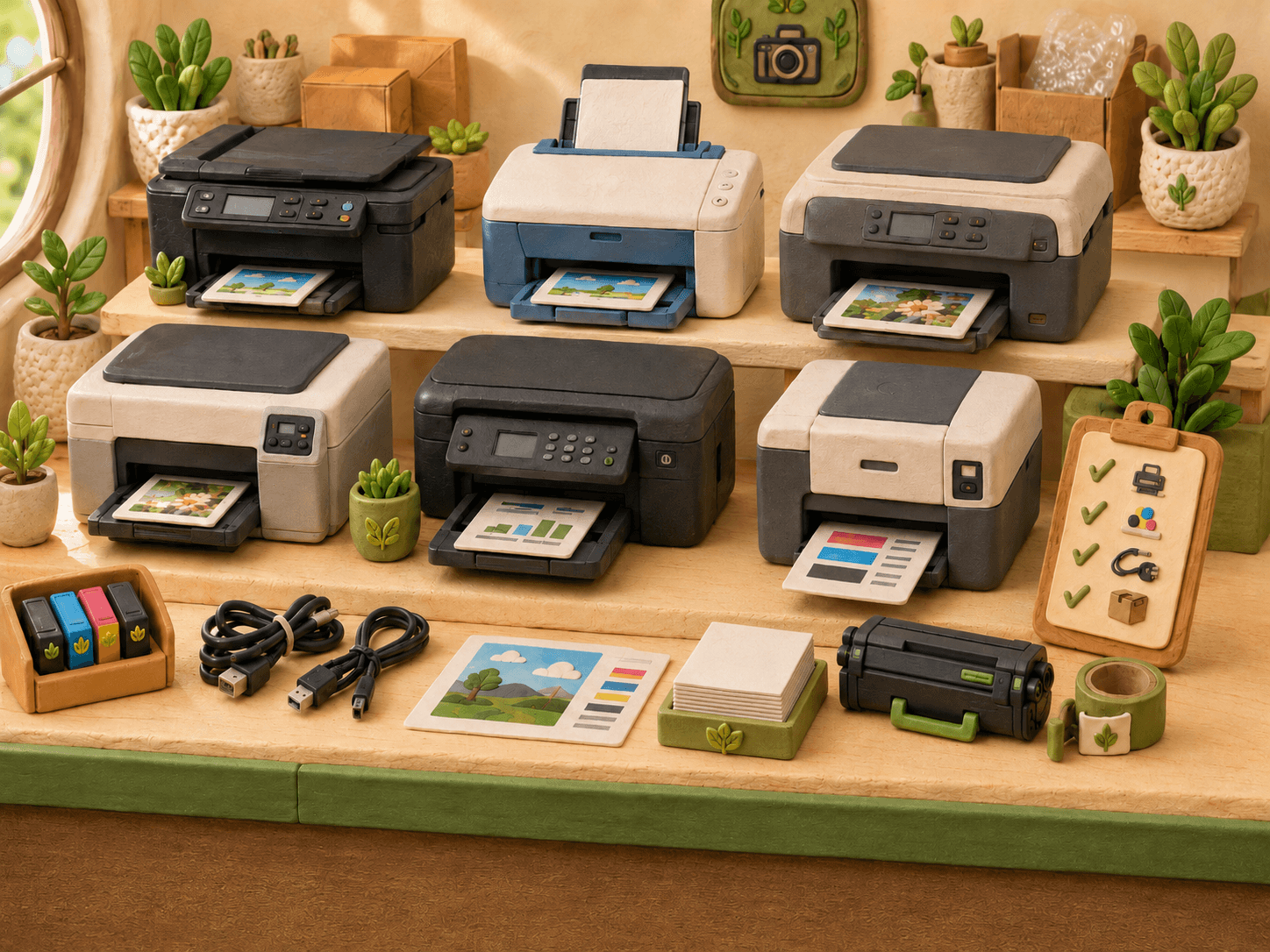 A display of used printers, ink cartridges, cables, paper, and packing supplies at Shutterbug Camera Shop