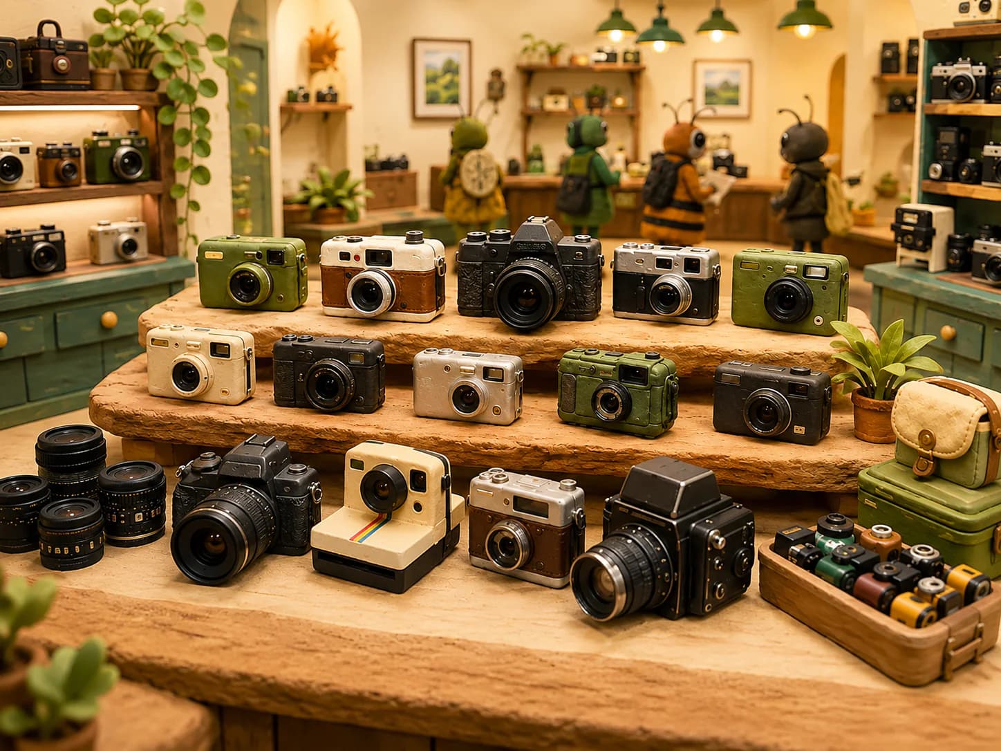 A clay-art camera shop filled with vintage cameras and Shutterbug characters browsing the shelves