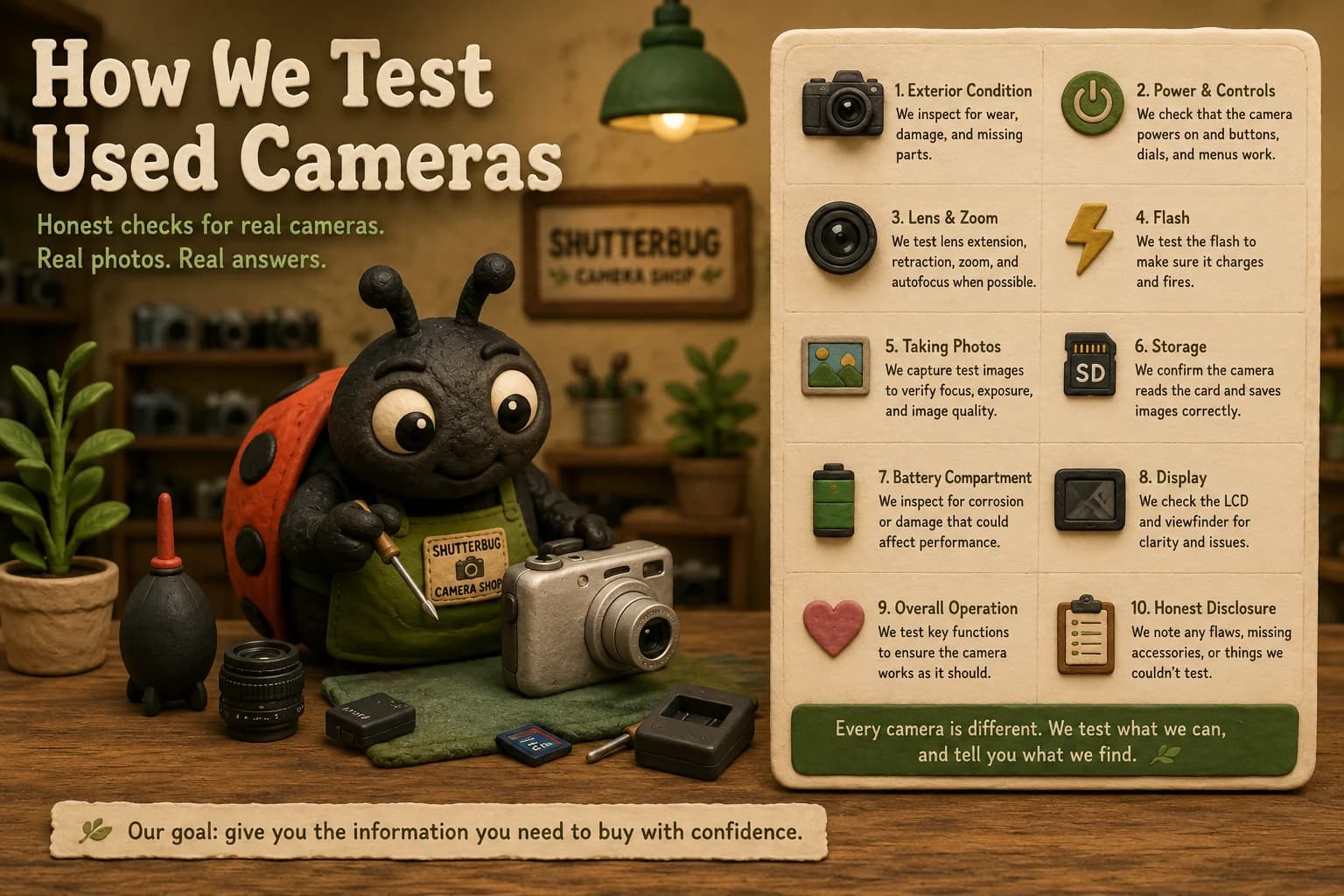 Shutterbug inspecting a used camera beside a detailed ten-step testing checklist
