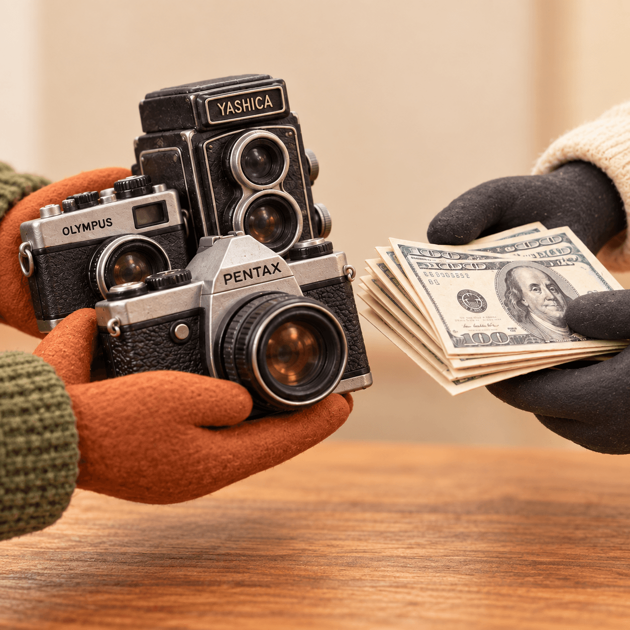 Vintage Yashica, Olympus, and Pentax cameras being exchanged for cash