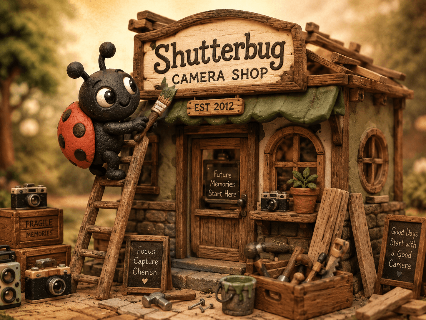 Shutterbug Camera Shop storefront with the ladybug mascot painting an established 2012 sign