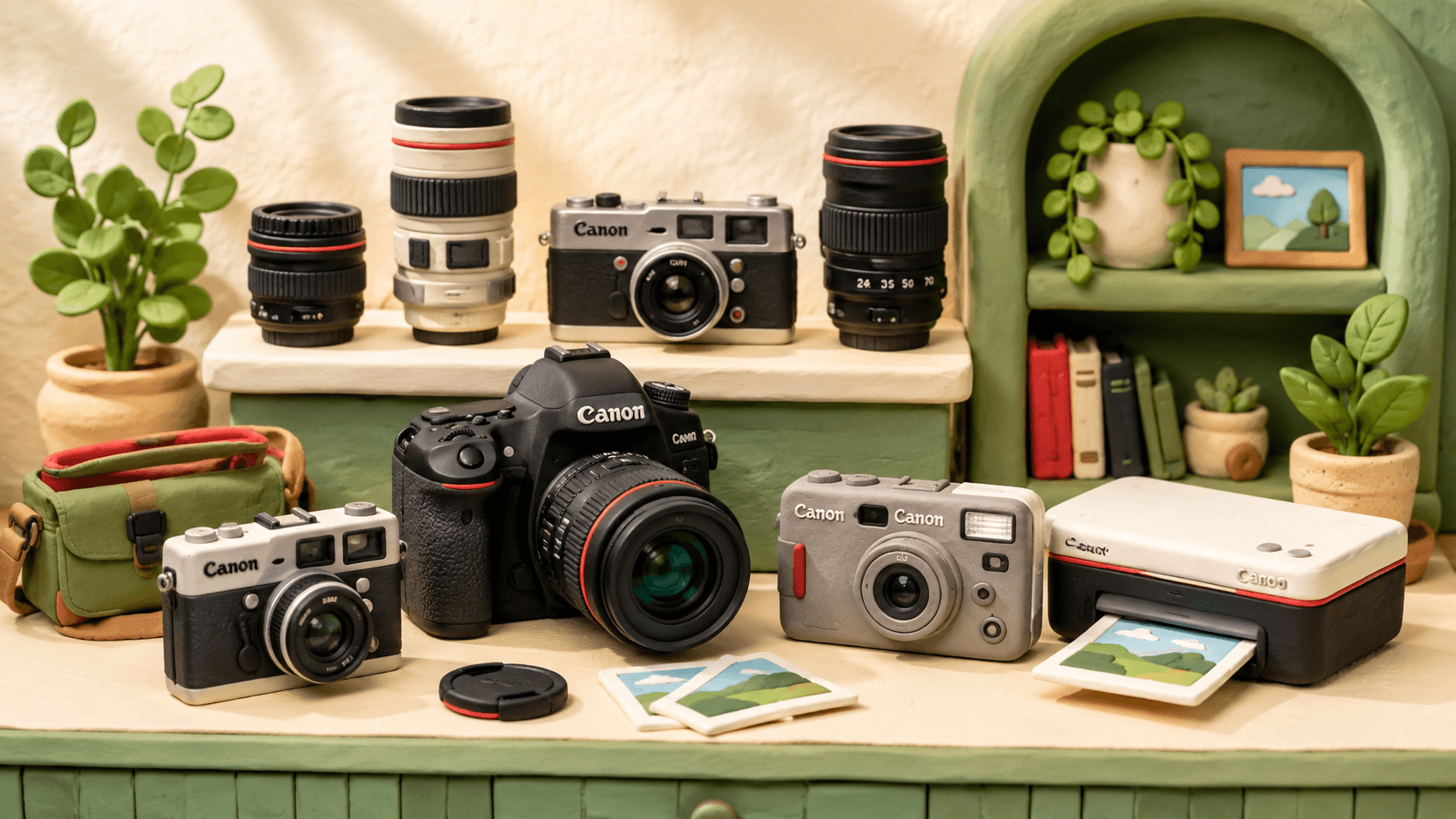 Canon cameras, lenses, printer, camera bag, and photo prints displayed at Shutterbug Camera Shop
