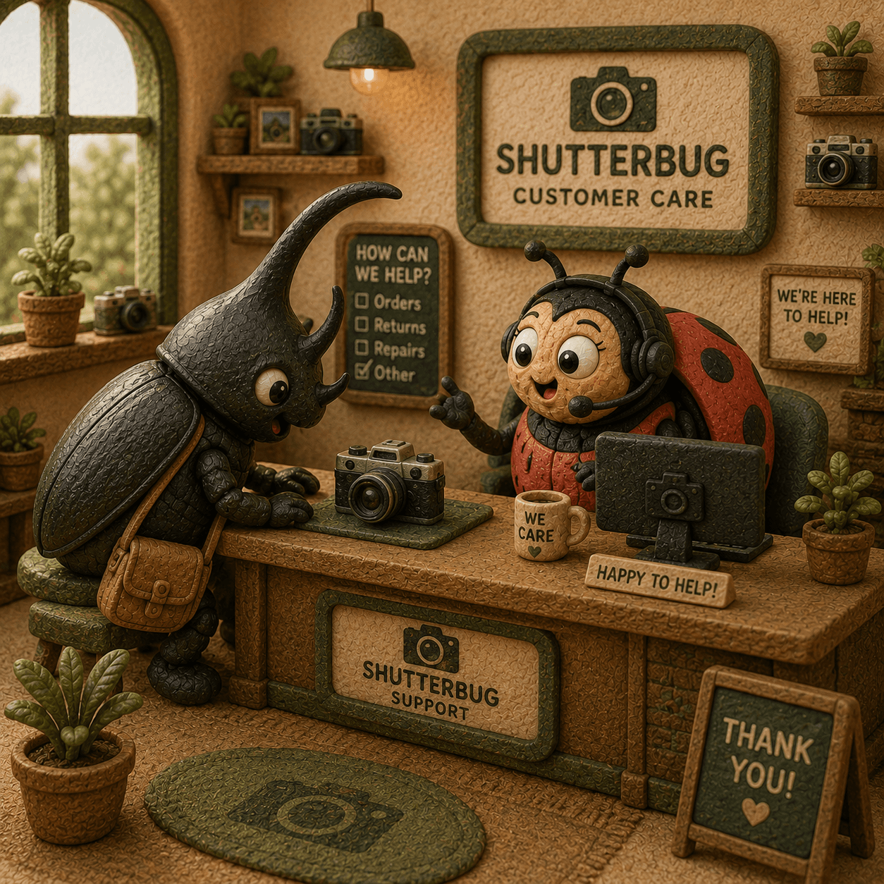 Shutterbug customer care desk helping a camera shopper