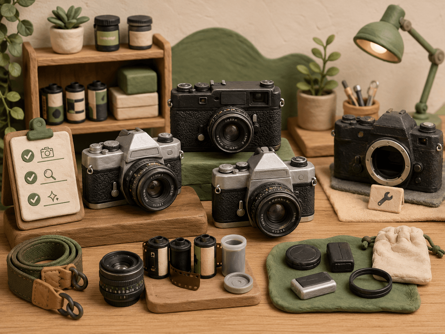 Used 35mm film cameras, film rolls, lenses, and accessories arranged for inspection