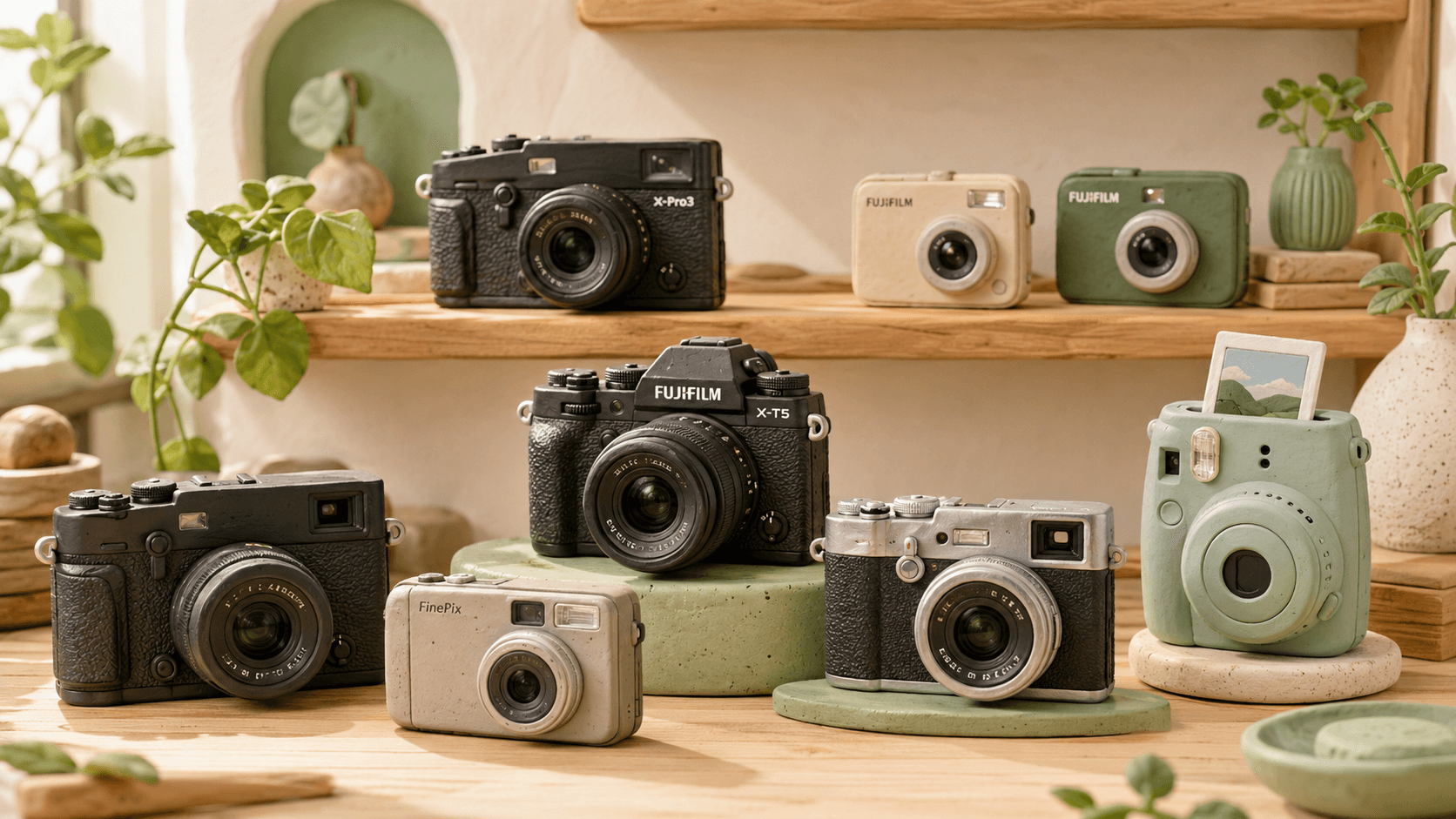 Fujifilm FinePix, Instax, and X-series cameras displayed at Shutterbug Camera Shop