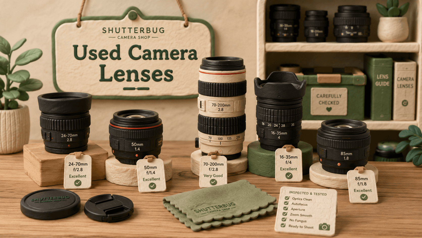 Used camera lenses displayed with condition tags and inspection details at Shutterbug Camera Shop