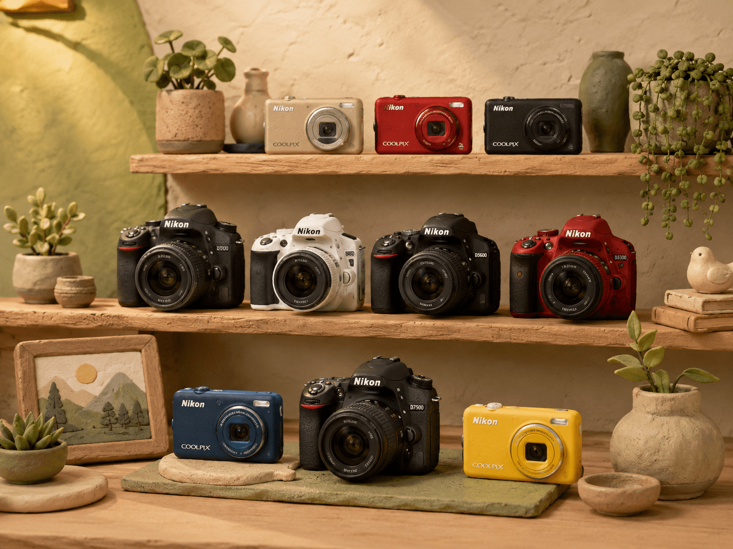 Nikon Coolpix compact and DSLR cameras displayed at Shutterbug Camera Shop