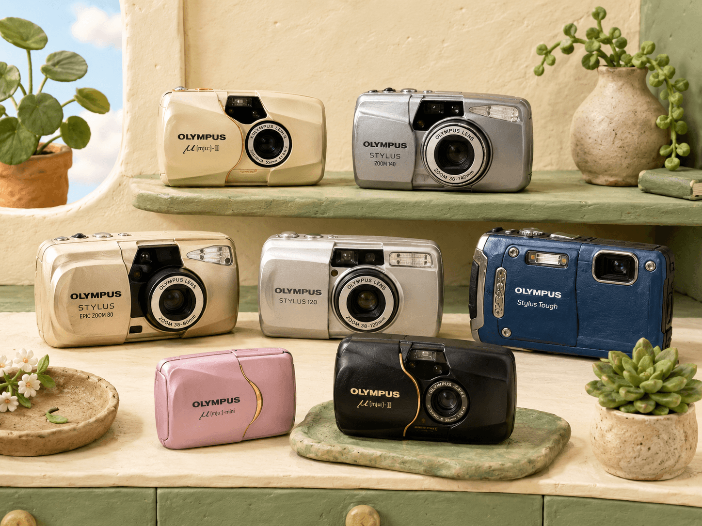 Olympus compact digital and film cameras displayed at Shutterbug Camera Shop