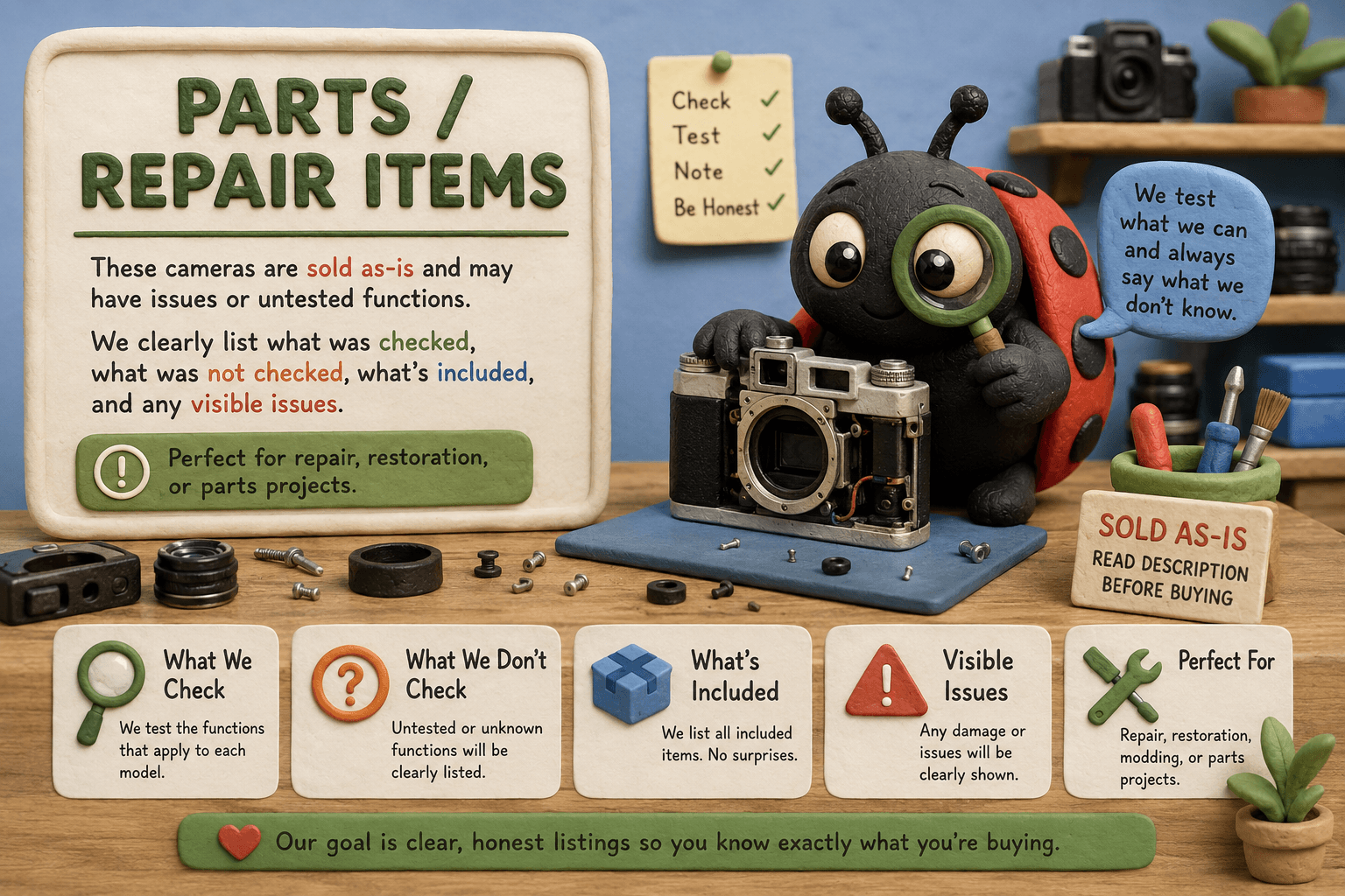Parts and repair items disclosure explaining sold as-is camera listings
