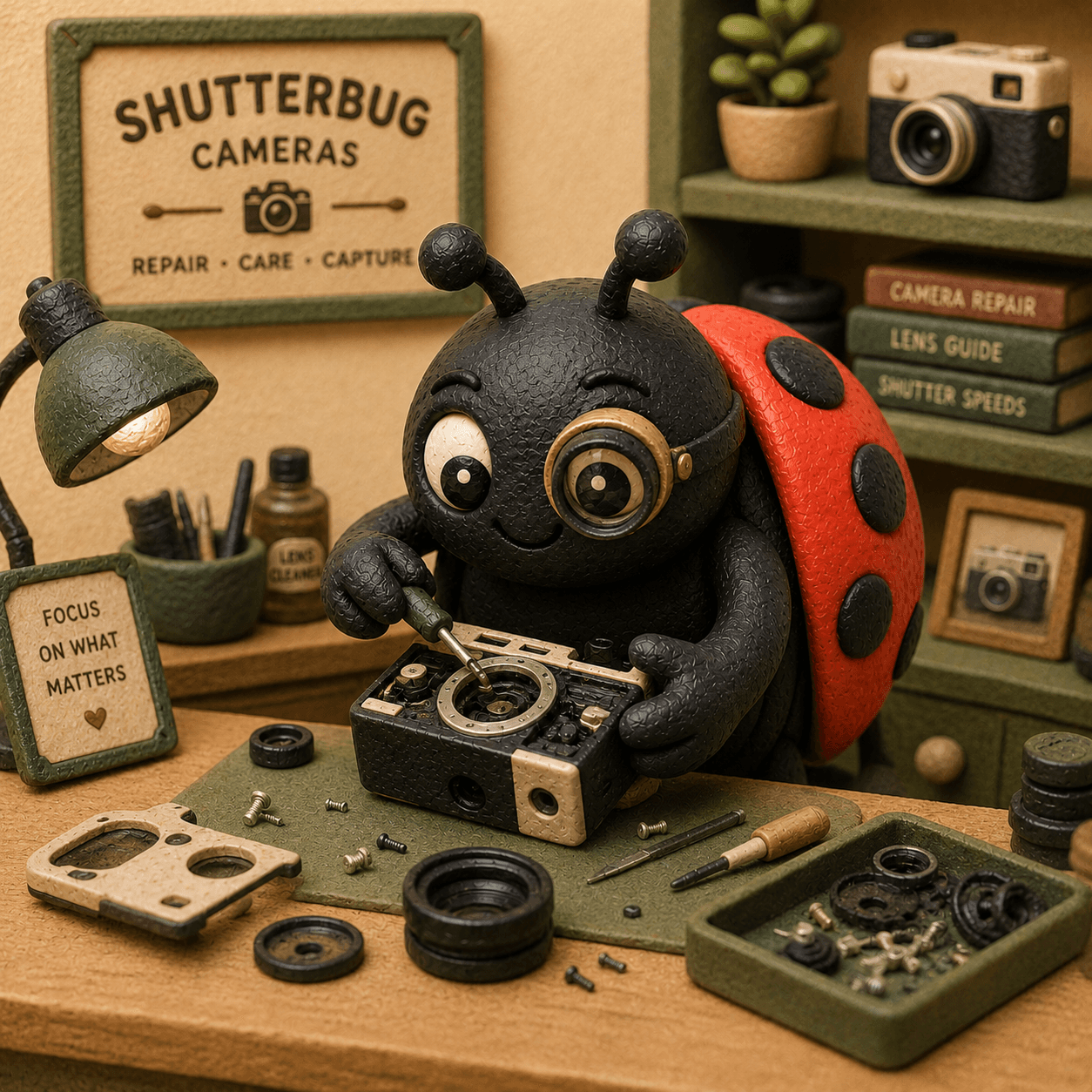 Shutterbug mascot repairing a vintage camera