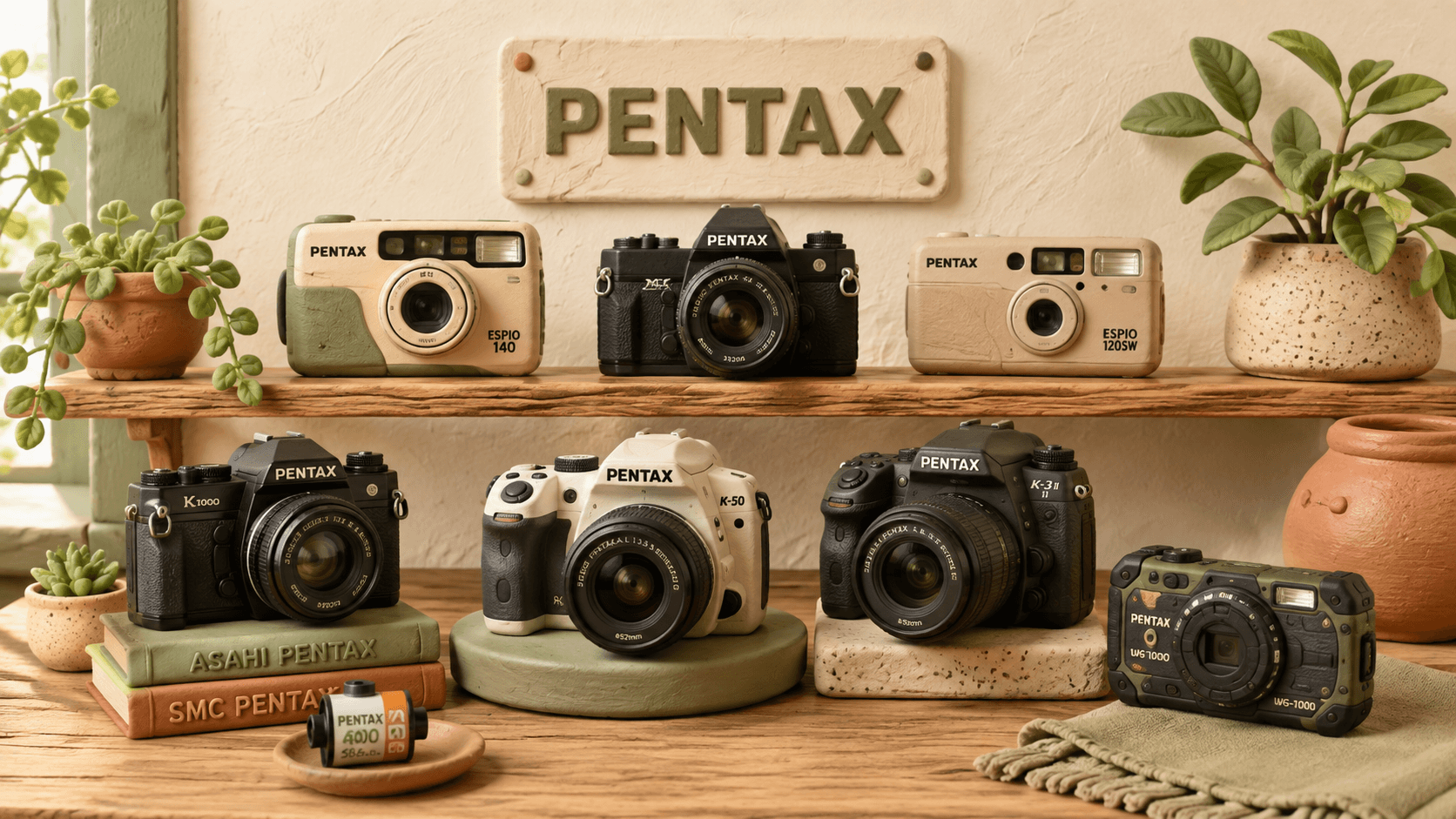 Pentax compact, film, and DSLR cameras displayed at Shutterbug Camera Shop