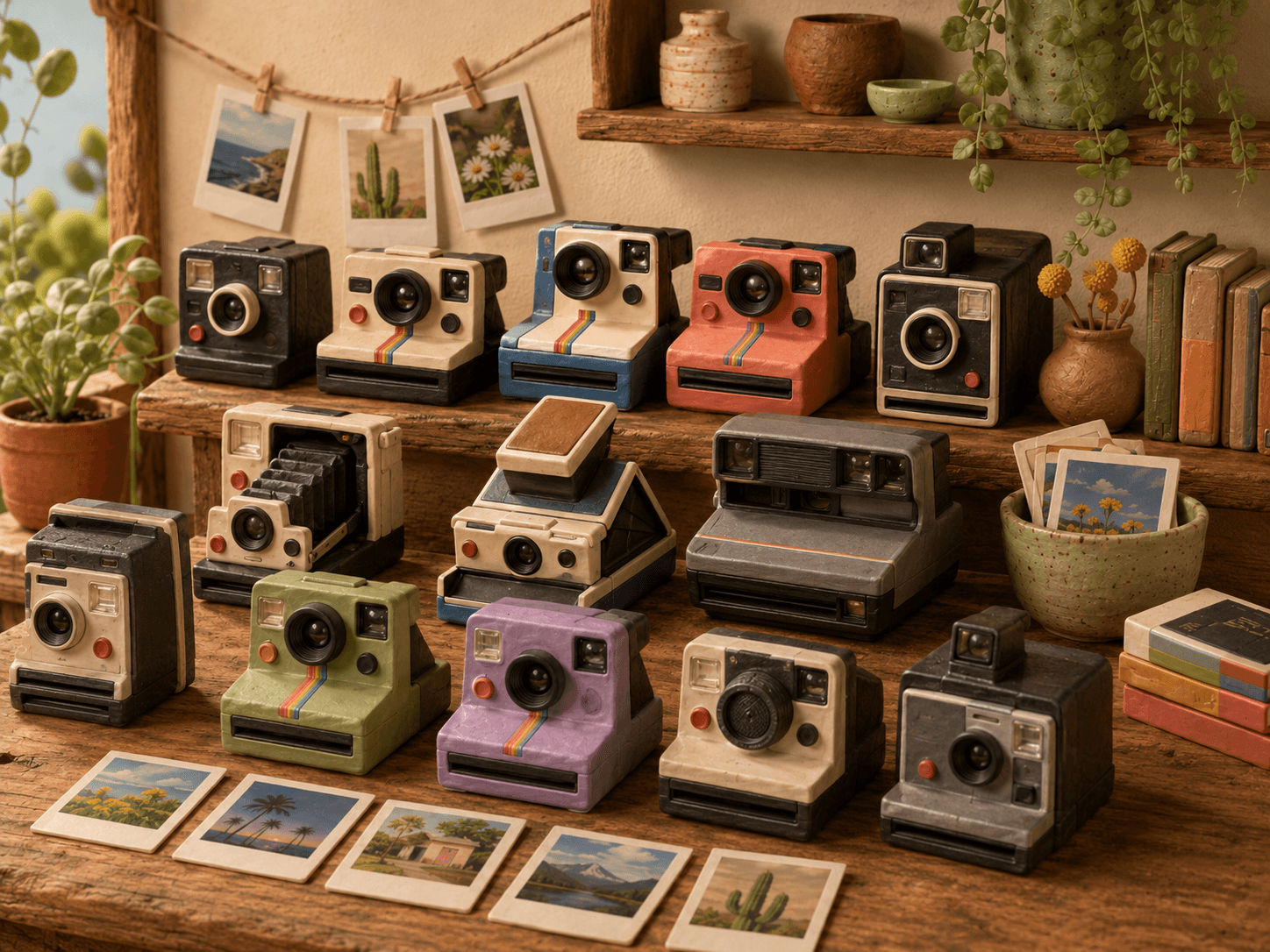Polaroid instant cameras and instant photo prints displayed at Shutterbug Camera Shop