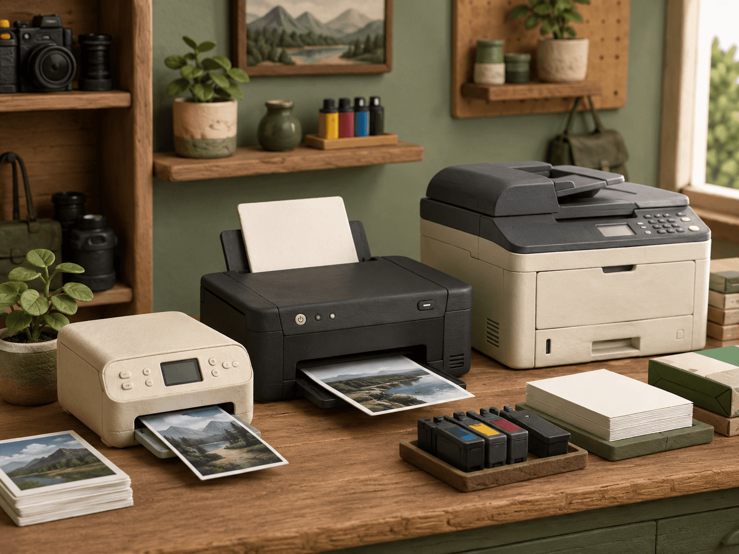 Used photo, inkjet, and laser printers displayed with ink cartridges and paper at Shutterbug Camera Shop