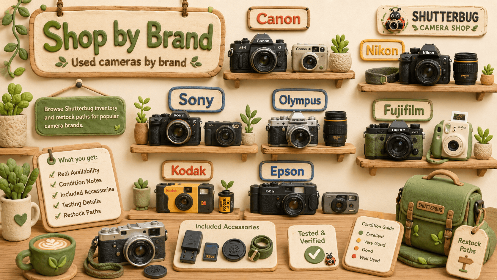 Shop by brand with Canon, Nikon, Sony, Olympus, Fujifilm, Kodak, and Epson used camera shelves