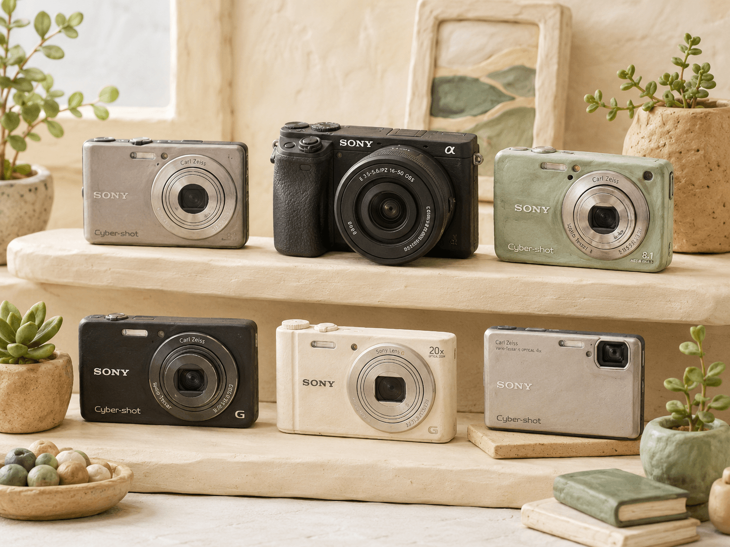 Sony Cyber-shot compact and Alpha mirrorless cameras displayed at Shutterbug Camera Shop
