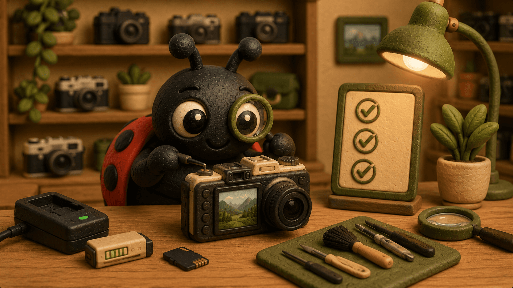 Shutterbug character carefully testing a vintage camera