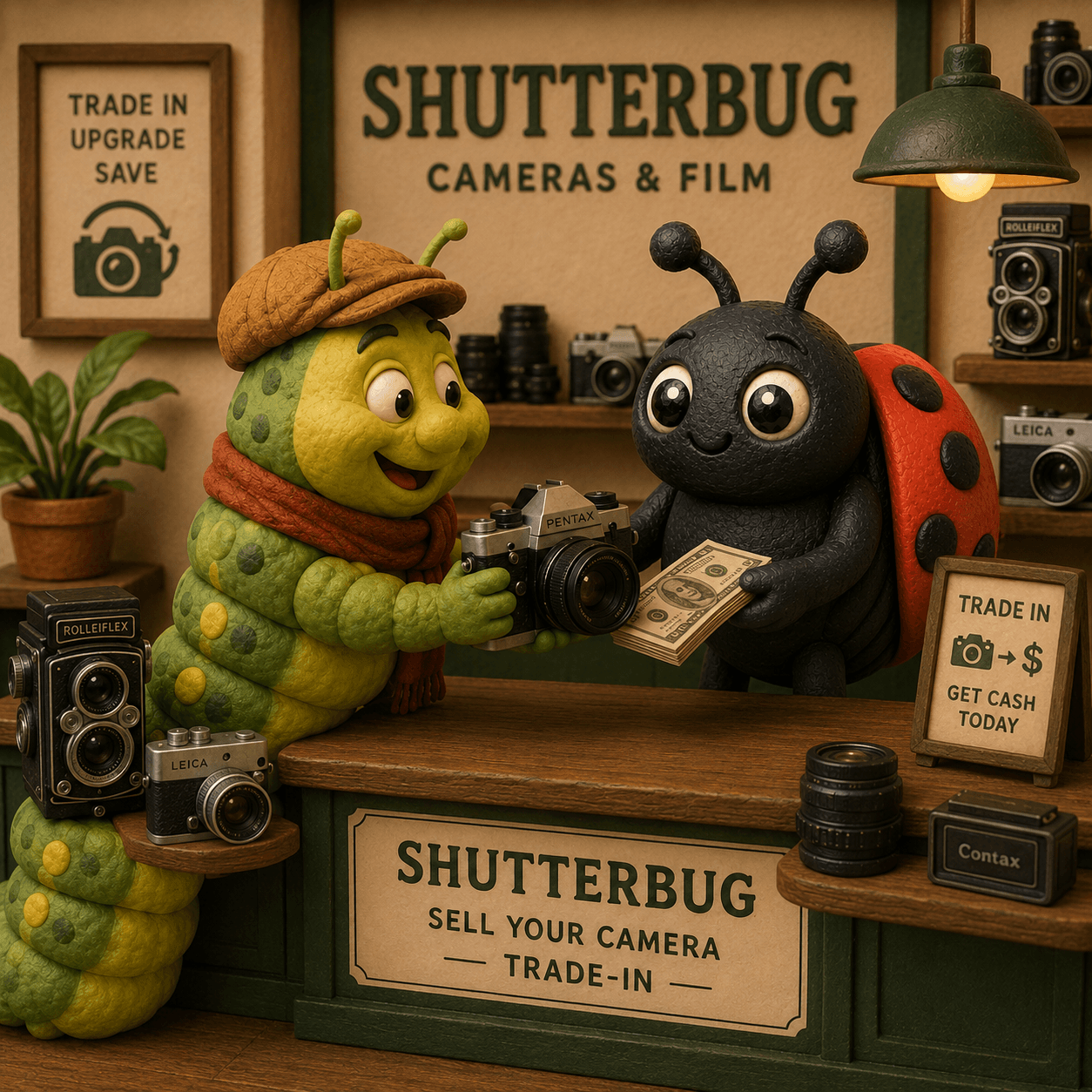 Shutterbug trade-in counter accepting a vintage camera