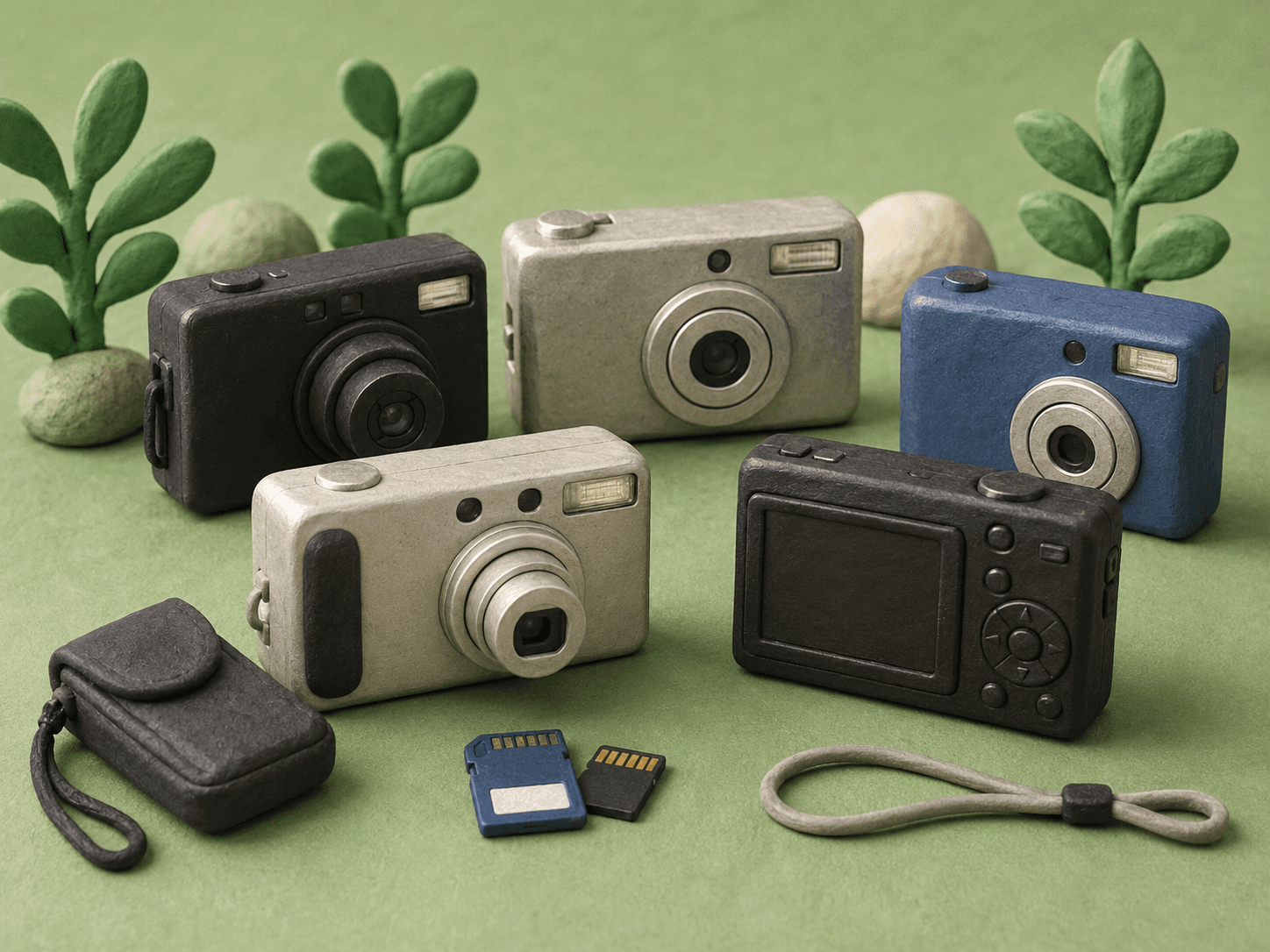 A collection of older compact digital cameras with memory cards and accessories